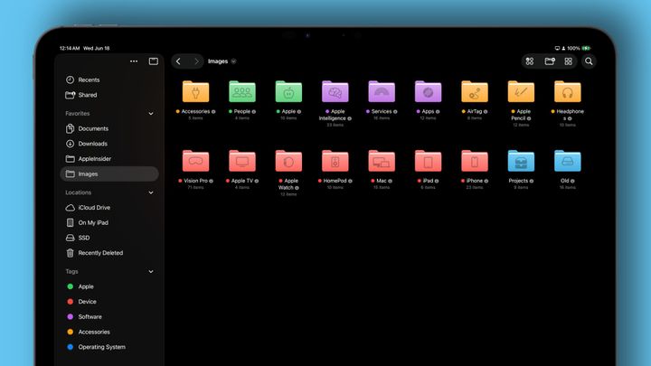 A screenshot of the Files app in iPadOS 26 with multi-color folders and icons on each