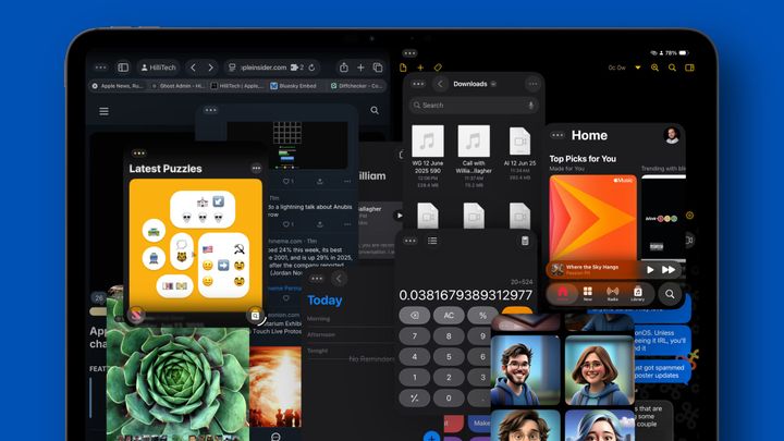 Several open windows overlapping on an iPad Pro running iPadOS 26