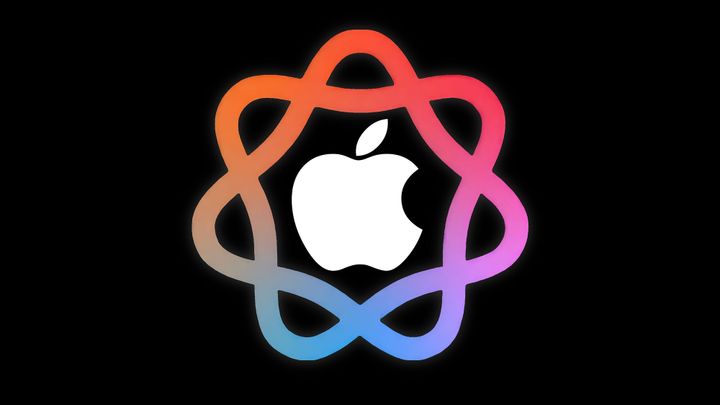 The Apple logo within the Apple Intelligence logo, a rainbow-colored set of two loops intertwined