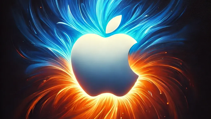 An Apple Slogo with swirling blue and red streams sparking out from it, AI generated