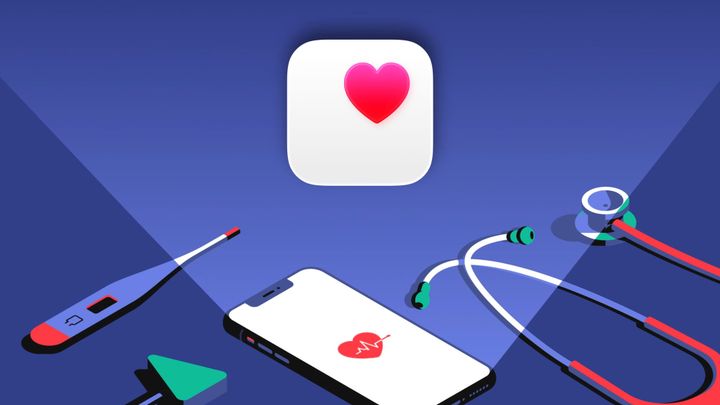 Apple Health icon above instruments like a thermometer, stethoscope, and an iPhone with a heart icon