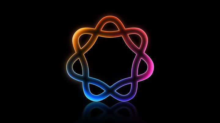 The rainbow Apple Intelligence logo glowing with neon colors wrapped around in a braided shape