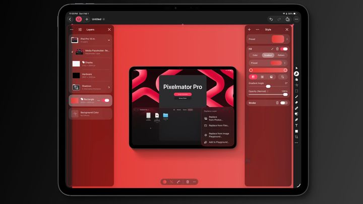 The Pixelmator Pro start screen in an iPad frame being edited in Pixelmator Pro shown in a second iPad frame on a dark background