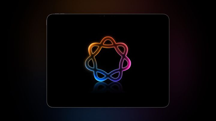 Apple Intelligence rainbow braided logo shown on an iPad Pro display