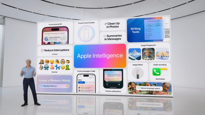 The Apple Intelligence bento shown during WWDC 2024 with Craig Federighi standing in front