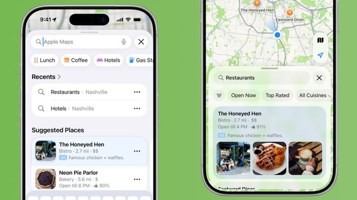 Apple's examples of ads in search in Apple Maps, one showing suggested places, another showing an ad in search results
