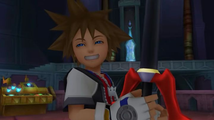 Sora in Kingdom Hearts holding the dark Keyblade that unlocks hearts just before a pivotal scene in the series