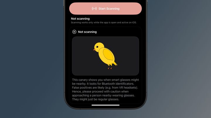 A drawing of a canary in an app that helps users find nearby smart glasses that are in use