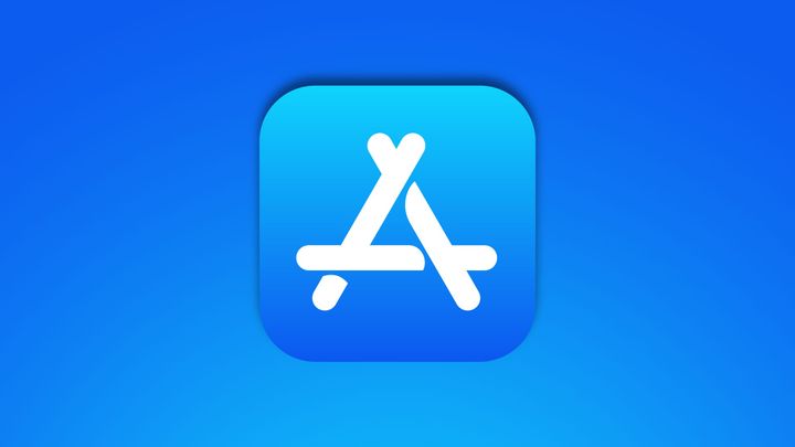 The App Store logo on a blue background featuring three white bars overlapped to make an "A"