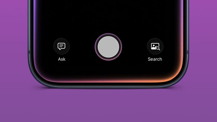 A screenshot in an iPhone frame showing the Siri rainbow waveform around the edge and the UI for Visual Intelligence on a black screen