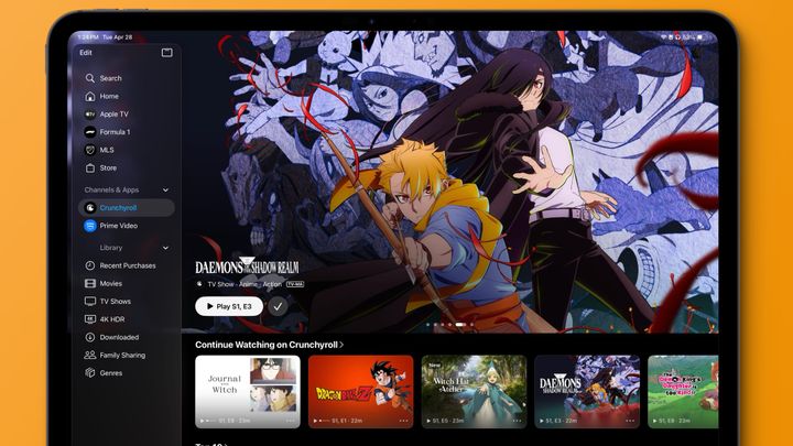 The Apple TV app showing the Crunchyroll Channel tab featuring art from various anime and an Up Next queue