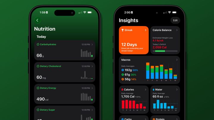 Apple Health on the left showing a simple list of nutrition values. Foodnoms on the right with colorful charts in a grid.