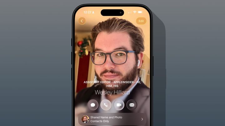 A contact card on iPhone showing a photo and details about Wesley Hilliard with buttons to contact him