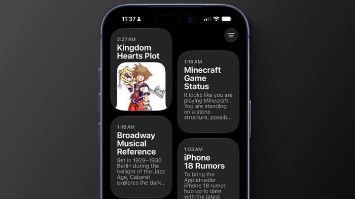 A screenshot of the Siri AI chat list in the Siri app, showing chats about Kingdom Hearts, Minecraft, and iPhone 18