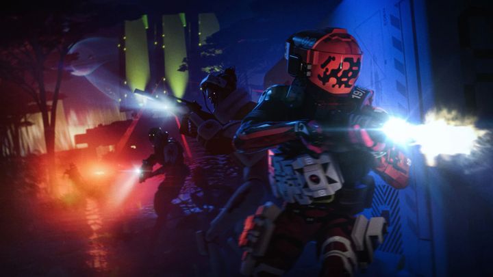 A promotional image of Marathon showing characters firing weapons in a dark setting
