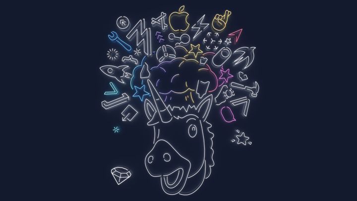 A WWDC marketing image from a previous event featuring a neon styled unicorn with an exploding head filled with other icons