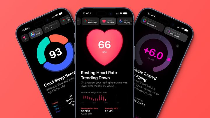 Three Apple Health screenshots, one showing 93 Sleep Score, one 66 Heart Rate, and one +6 Health Age