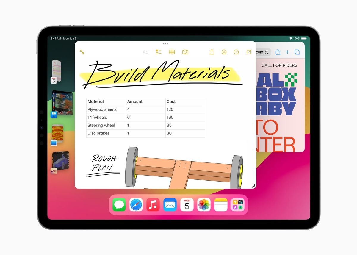 An iPad running iPadOS 17 with Stage Manager active