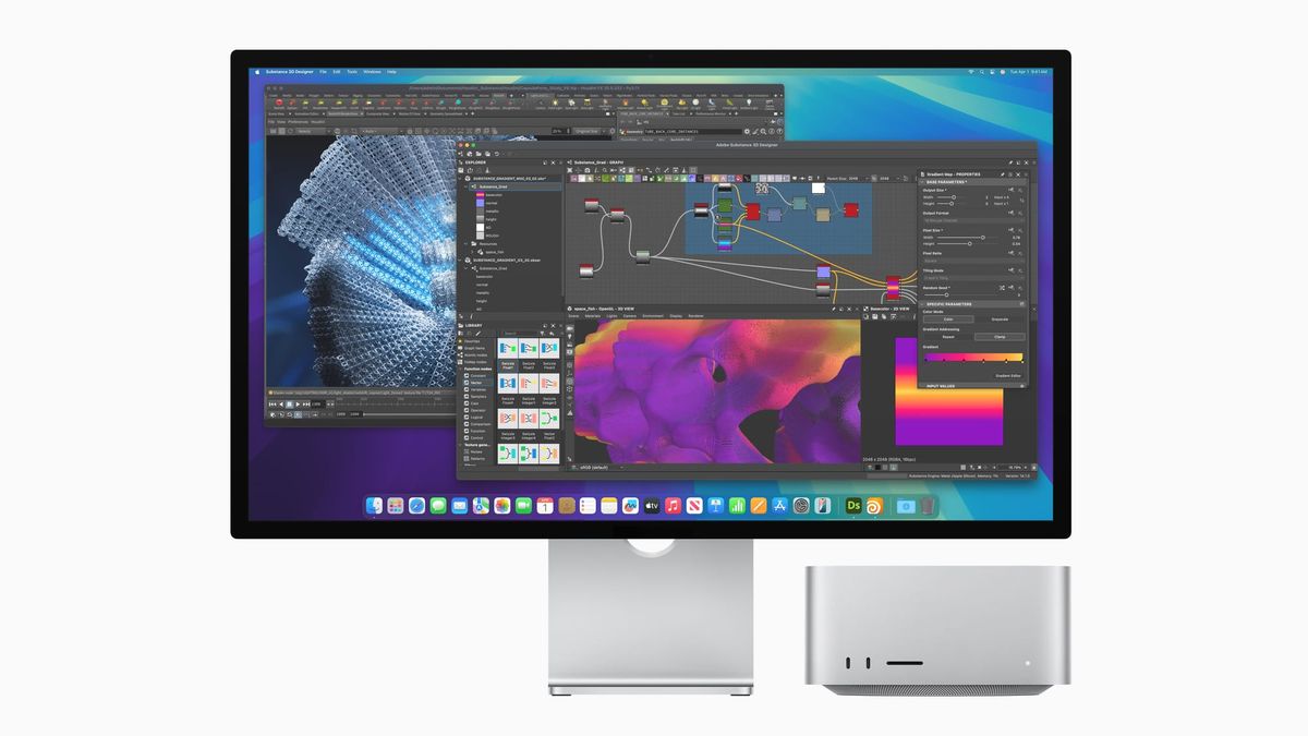 A Mac Studio with a Studio Display running 3D design software, including Maya and Substance 3D Designer, showing a node-based material workflow and high-resolution textures.