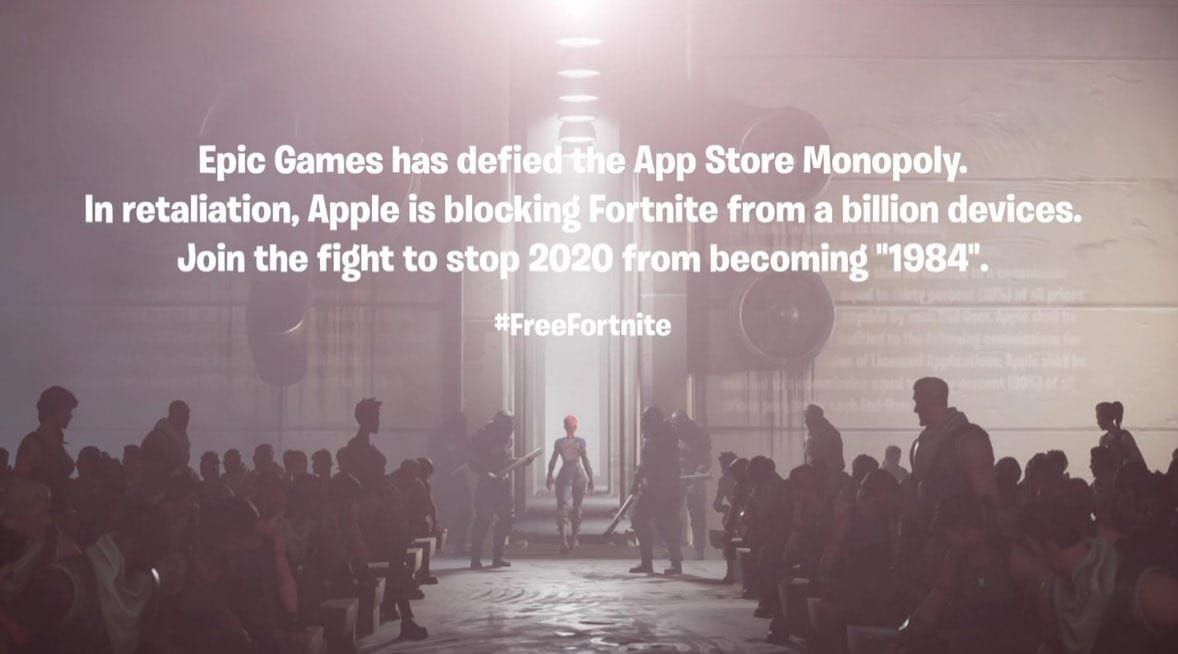 A still from a recreation of Apple’s 1984 ad in the style of Fortnite featuring a call to action against Apple’s App Store policy