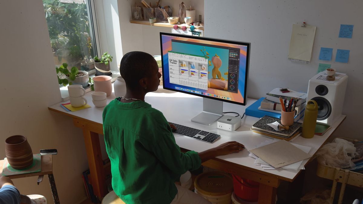 A person sitting at a white desk working on a Mac mini with a Studio Display. The desk has stationery, mugs, plants, and speakers on it as well. It's kinda cozy.
