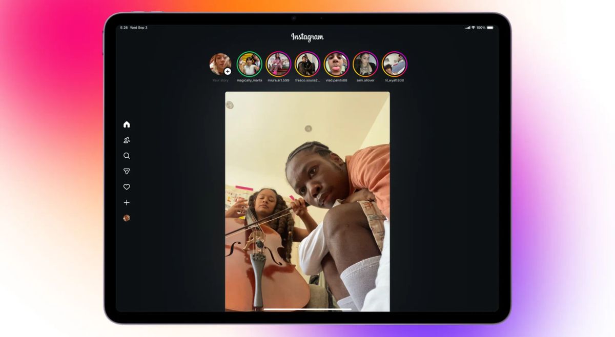 A screenshot of the new iPad version of Instagram on a gradient background