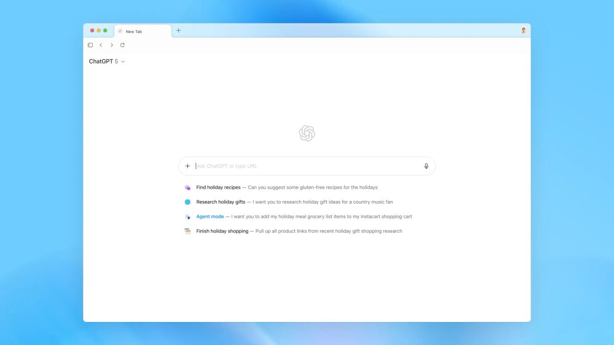 A screenshot of ChatGPT Atlas on a blue background