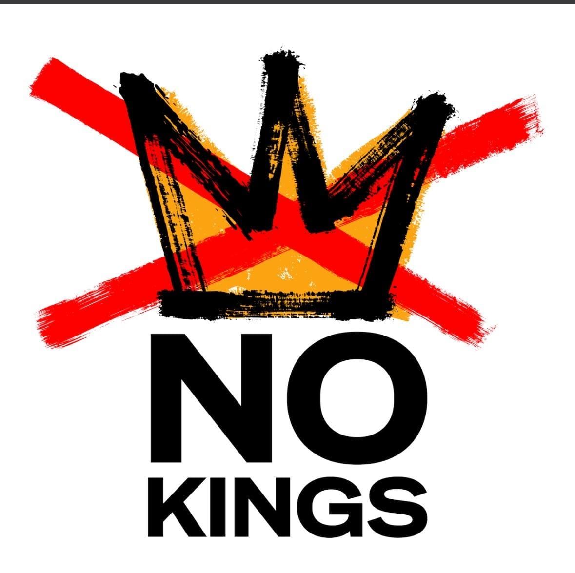 A painted yellow tripoint crown outlined in black with a red x over top with the caption 'No Kings' under it on a white backgroun