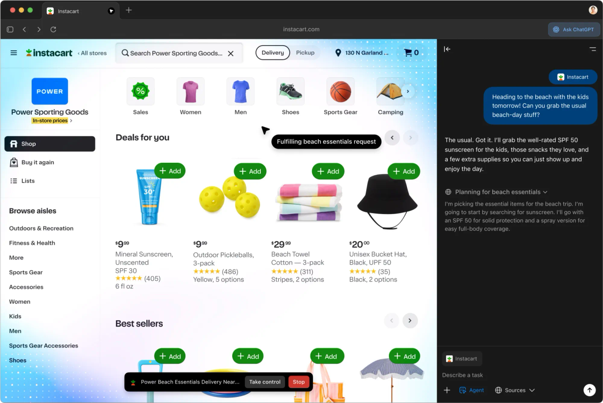 A screenshot of the Instacart website with a sidebar ChatGPT window in Atlas
