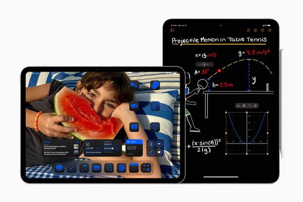 Two iPads, one portrait (right) featuring Math Notes and the other landscape (left) featuring freeform Home Screen personalization