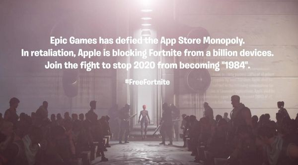 A still from a recreation of Apple’s 1984 ad in the style of Fortnite featuring a call to action against Apple’s App Store policy
