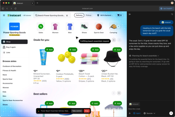 A screenshot of the Instacart website with a sidebar ChatGPT window in Atlas