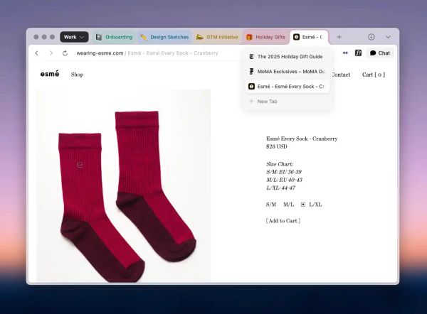 A screenshot of the Dia browser on a blurred gradient background. The screenshot shows multiple tab groups in assorted colors. The webpage is a listing for a pair of socks.