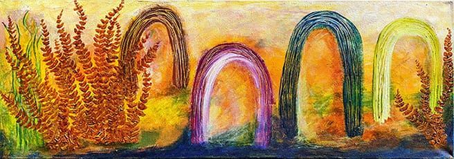 abstract painting of ferns and four arches on a 12"x36" canvas using yellow, blue, green, yellow, and brown.