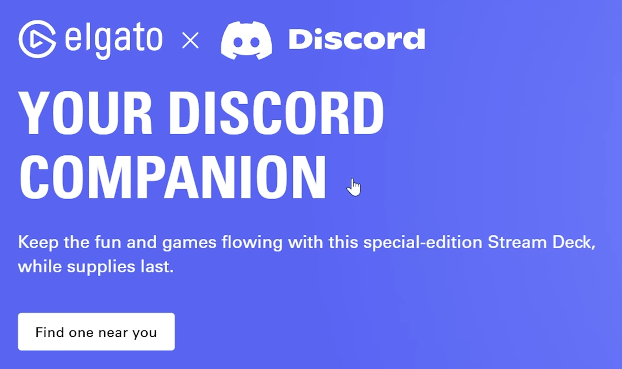Elgato x Discord product page hero reading Your Discord Companion with a Find one near you store locator button.