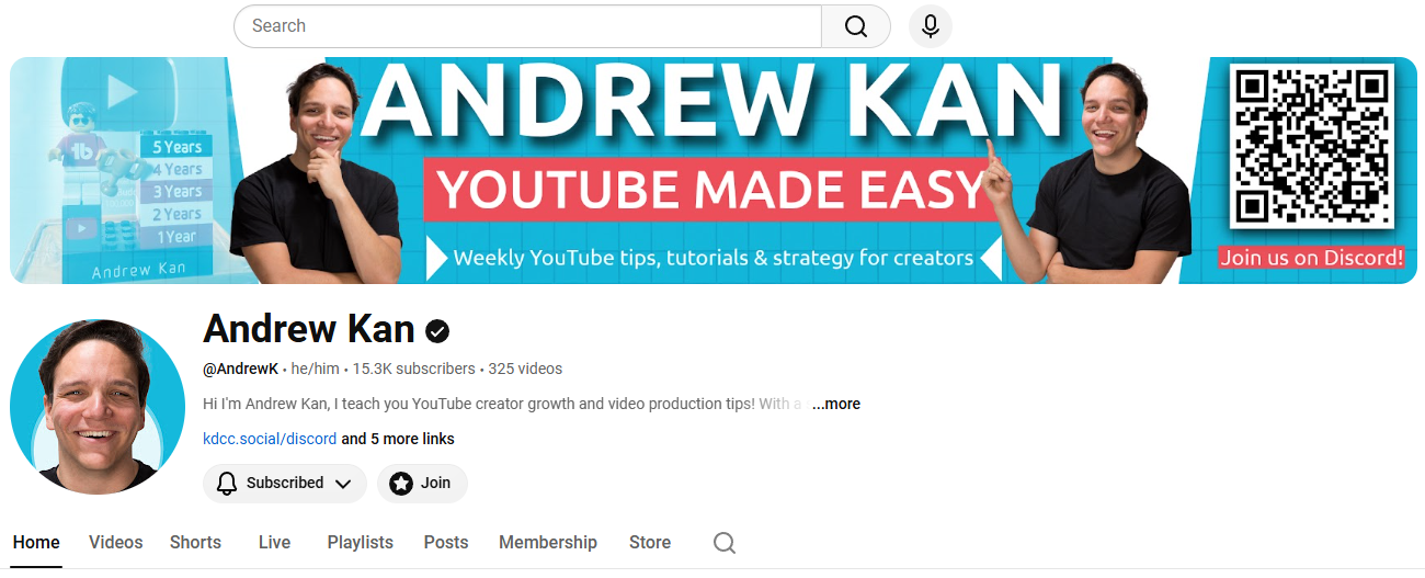 Andrew Kan YouTube banner promoting the Kan Do Creators Community Discord server for new creators.
