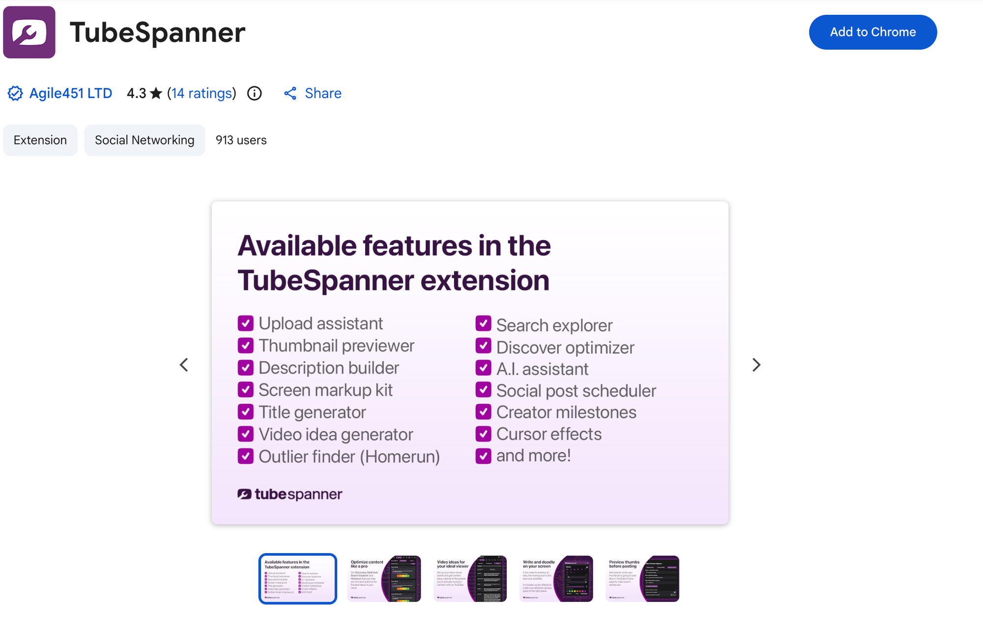 TubeSpanner YouTube growth browser extension on the Chrome Web Store with the full feature list visible.