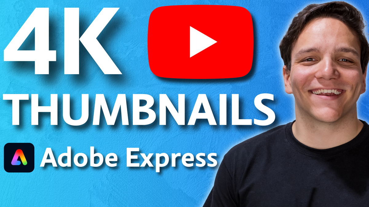 Andrew Kan smiling next to bold text reading 4K Thumbnails with the YouTube and Adobe Express logos on a blue background.