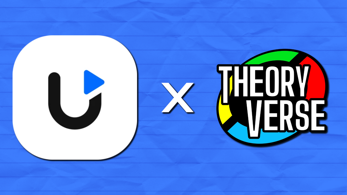 Uscreen logo beside the TheoryVerse logo, separated by an x, on a blue crumpled paper background marking the launch.