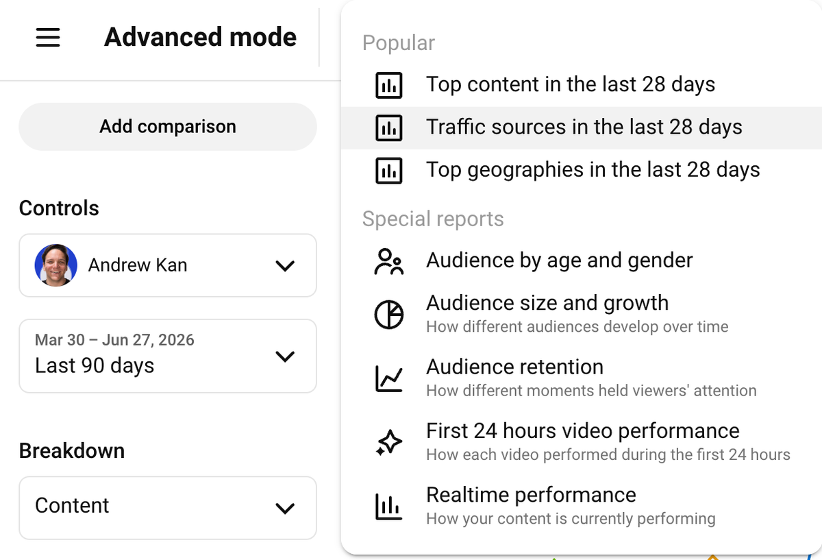 YouTube Studio Advanced Mode on desktop, a close-up of the Controls panel and the open Special reports analytics menu.