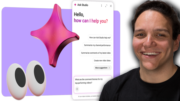 Andrew Kan next to the Ask Studio chat interface inside YouTube Studio with AI sparkle icon