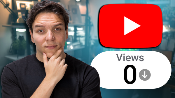Andrew Kan discussing why creators are not getting views on YouTube, with a YouTube play button and a views counter showing zero in the background
