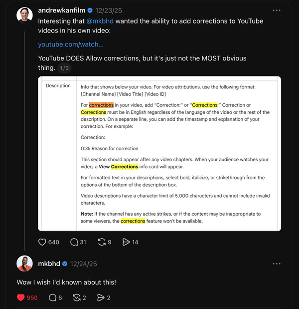 Screenshot of Andrew Kan's Threads post about the YouTube Corrections feature with a reply from MKBHD