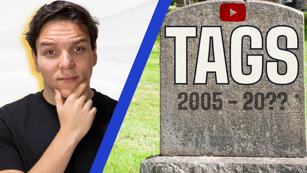 Andrew Kan beside a graveyard headstone reading YouTube TAGS, 2005 to 20??, illustrating that YouTube tags are dead.