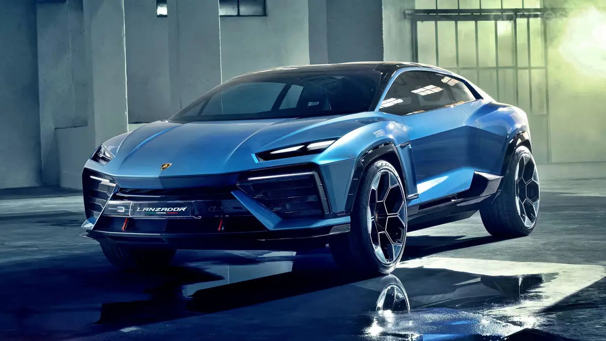 Vista frontal y lateral del concept car Lamborghini Lanzador en color azul, mostrando su diseño futurista y agresivo