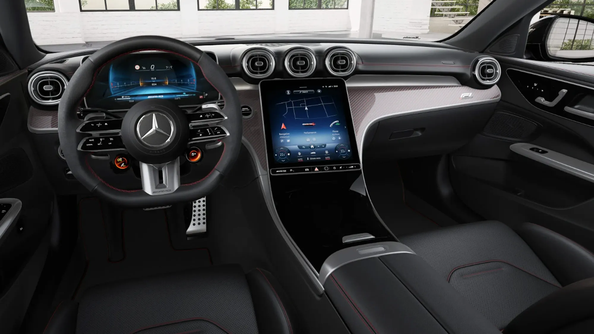 Interior del Mercedes-AMG C 63 S E Performance con pantallas digitales y asientos deportivos