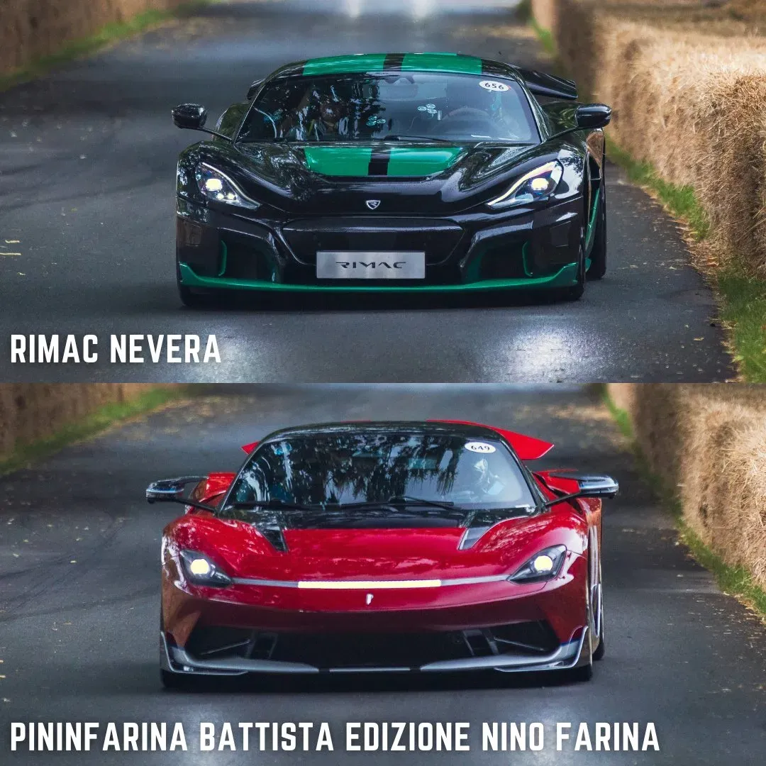 Pininfarina Battista Rojo junto a un Rimac Nevera Negro