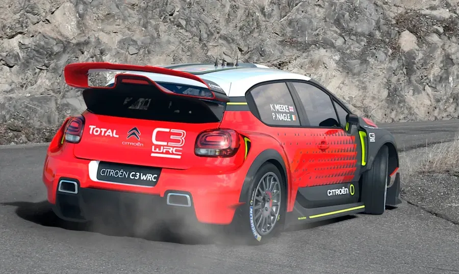Vista trasera del Citroën C3 WRC en color rojo competición