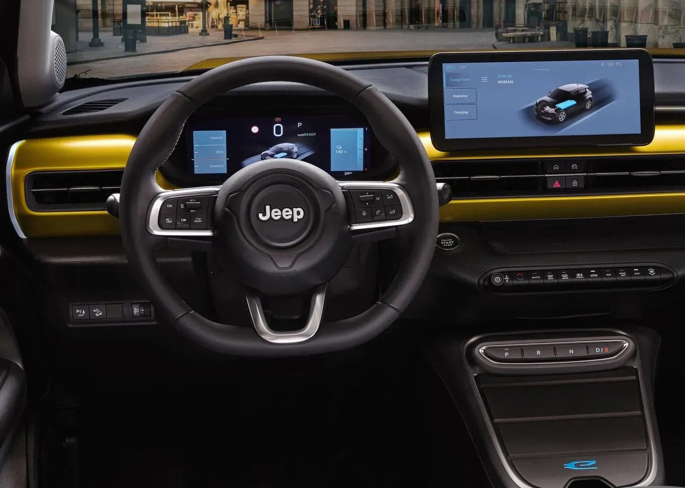 Interior del Jeep Avenger con pantalla central y volante