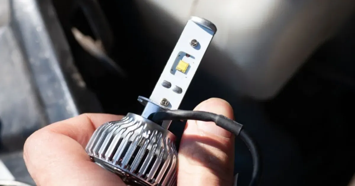 Mano sosteniendo una bombilla de luz LED para auto